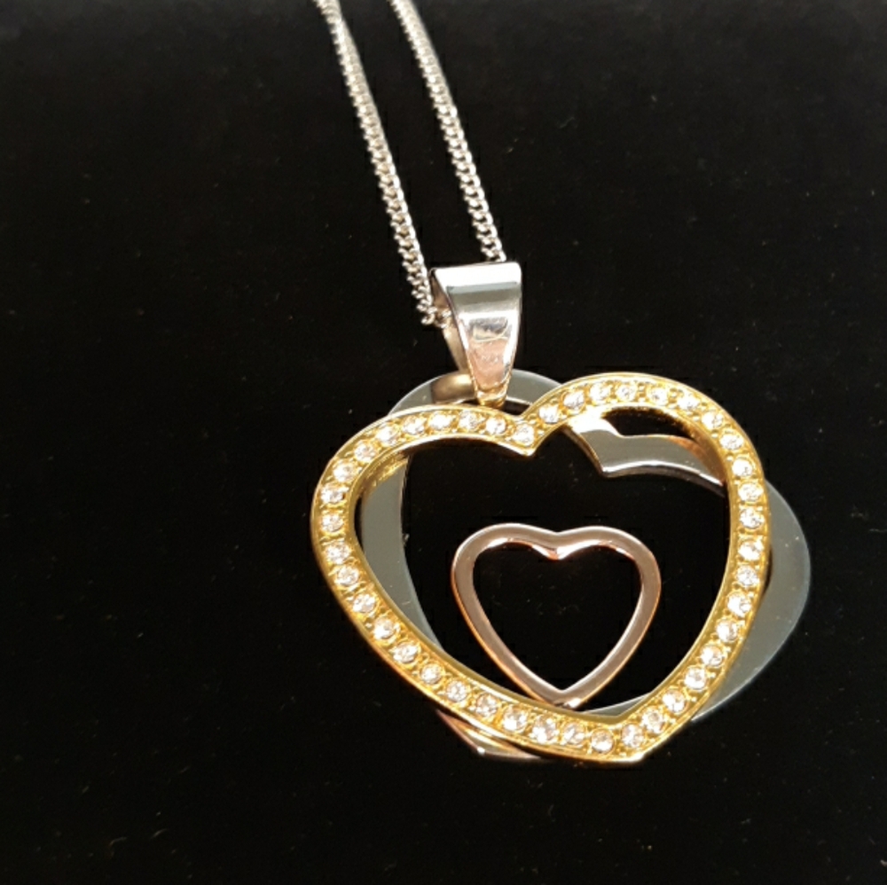 Necklace Stainless Steel With Gold Tone Triple Heart Pendant On 18" Chain